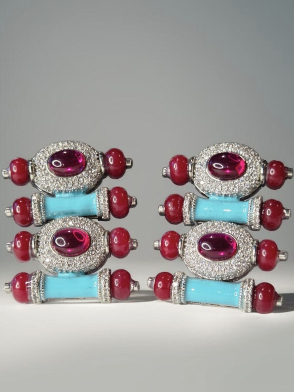 Exquisite High-end Rhodium Plated Turquoise Enamel Ruby Glass Cabochon  Earrings
